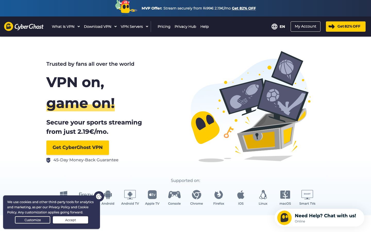 cyberghostvpn.com homepage hero: “VPN on, game on!” with a 2.19€/mo offer and a 45-day money-back guarantee