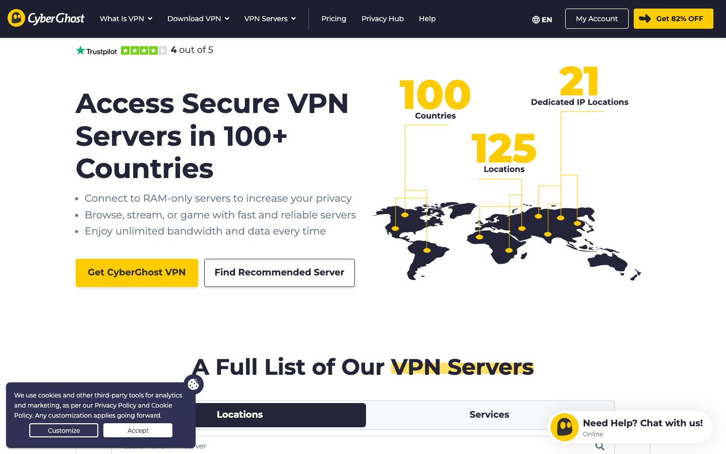 cyberghostvpn.com/vpn-server: 100 countries, 125 locations, 21 dedicated IP locations on a world map